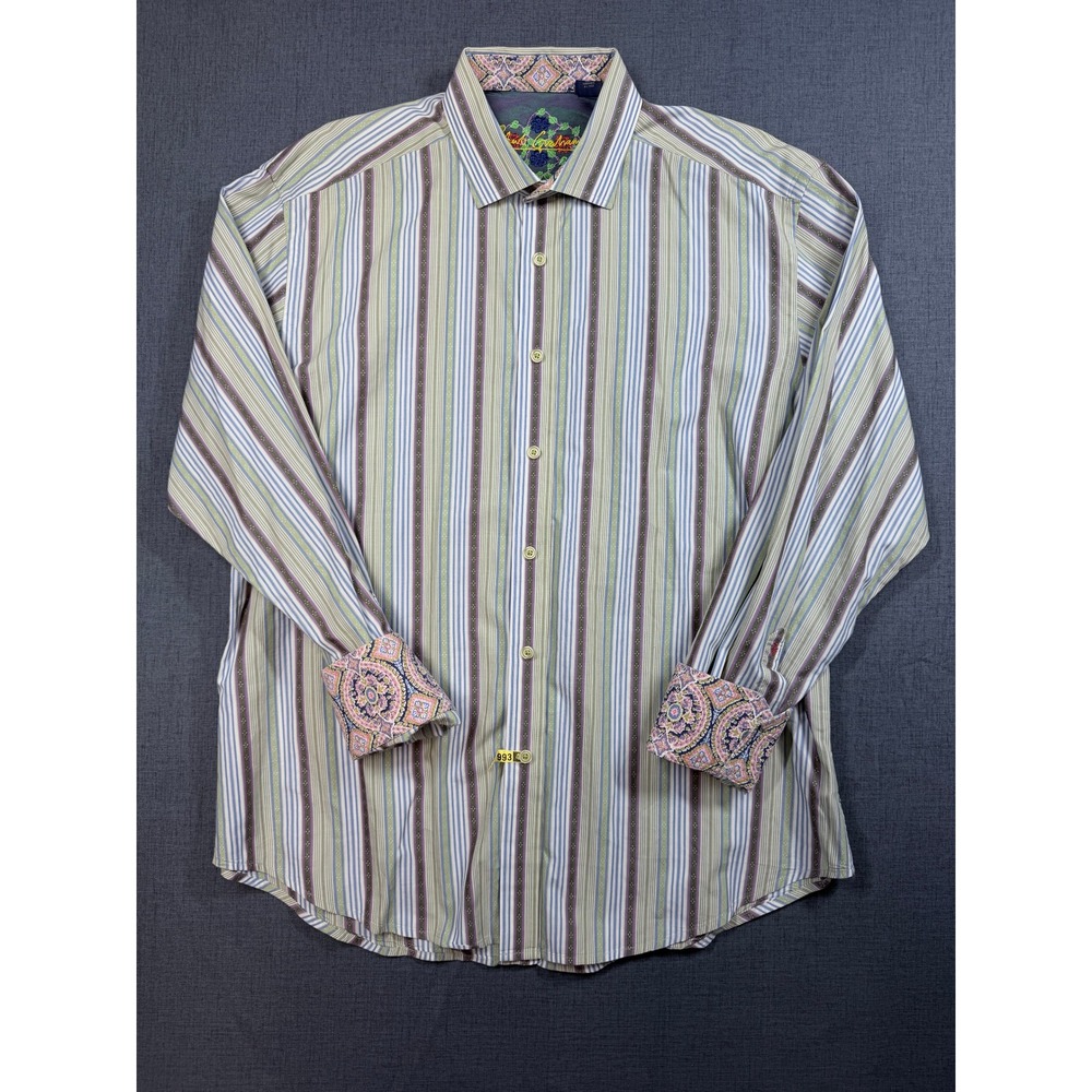 Robert Graham XL Long Sleeve Striped Button Down Shirt Green Blue Purple Silk